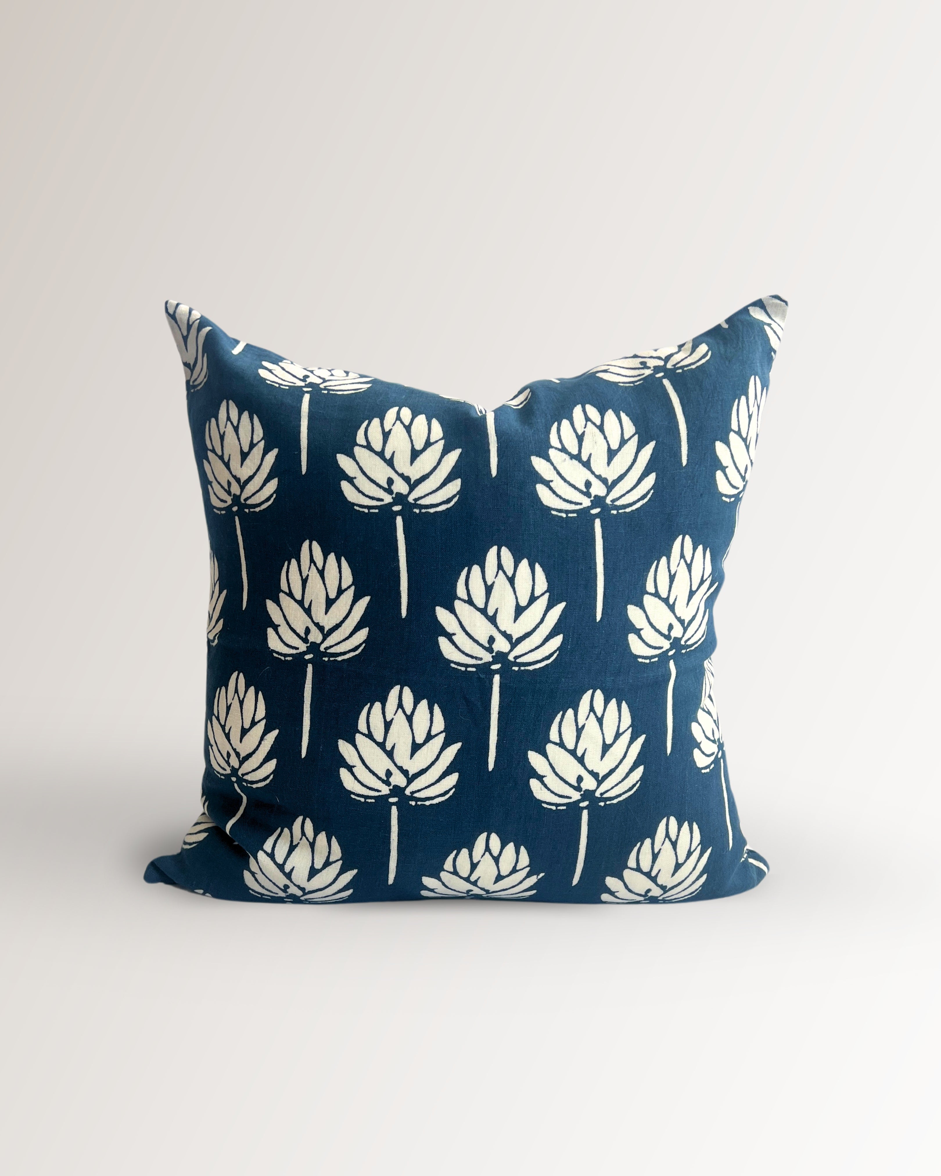 Lotus Bloom - Pure Linen Throw Pillow Cover - Navy Blue