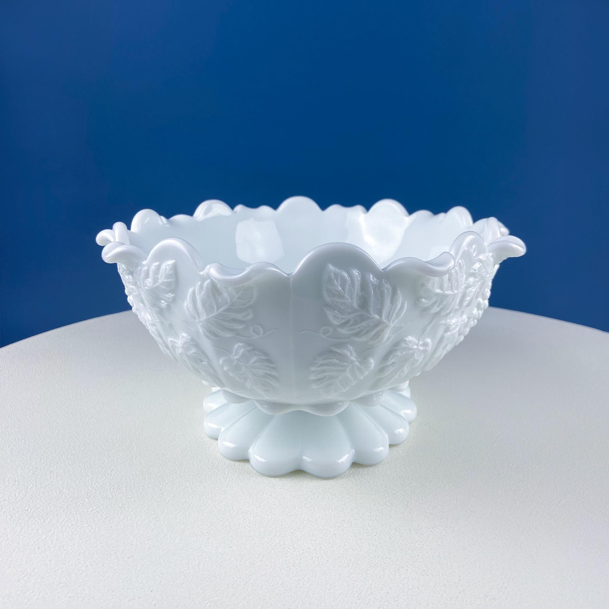 Antique Westmoreland Milk Glass Bowl with Embossed Grapes & Vines Motif and Scalloped Edge. White Oval Serving Dish. Table Kitchen Decor.